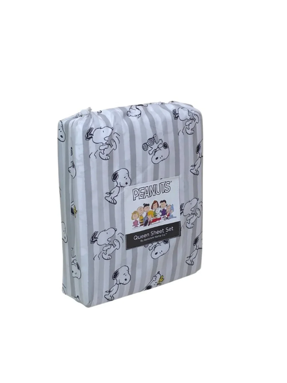 Peanuts Queen Sheet Set By Berkshire Snoopy & Woodstock Gray & White Stripes